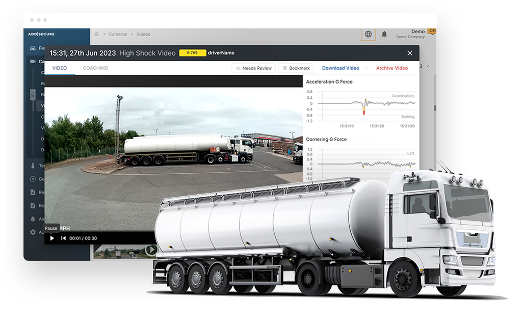 road tanker lorry infront of video telematics platform screenshot