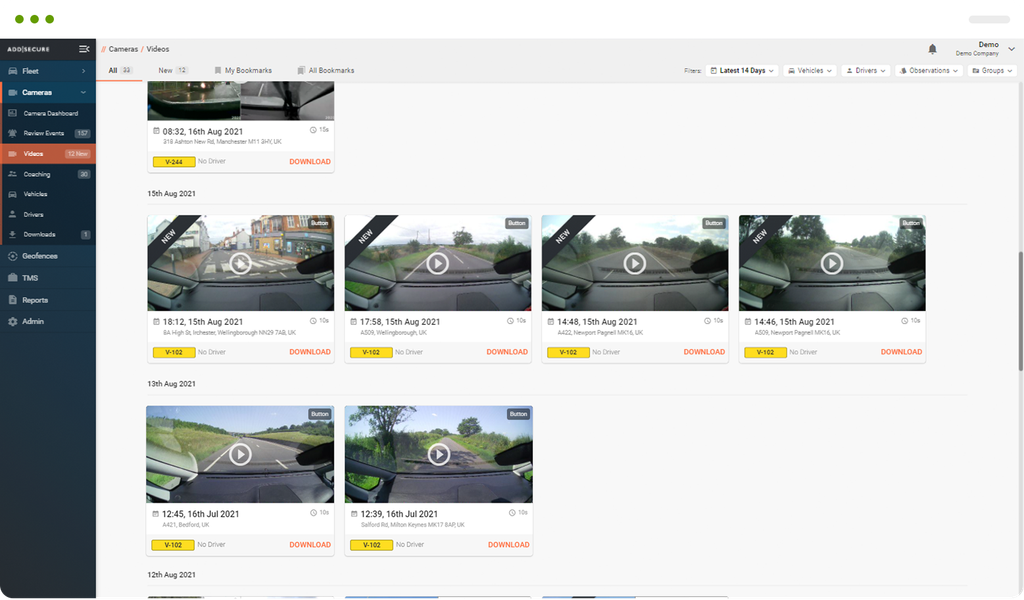screenshot of verilocation platform showing available video footage to review