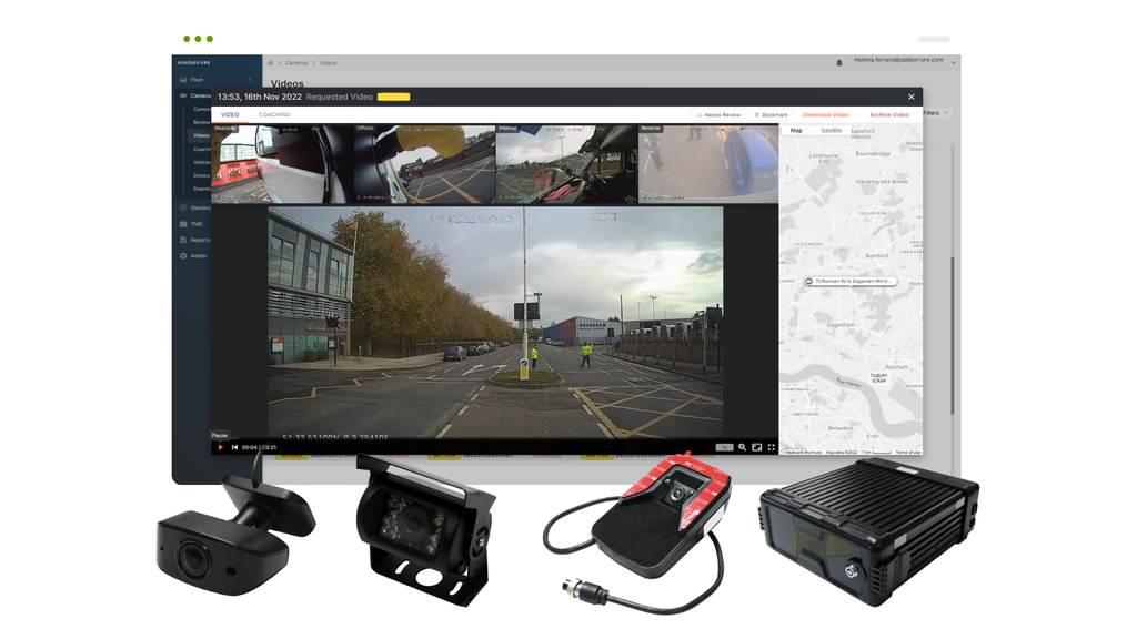 multi-camera kit and screenshot of Verilocation video telematics module