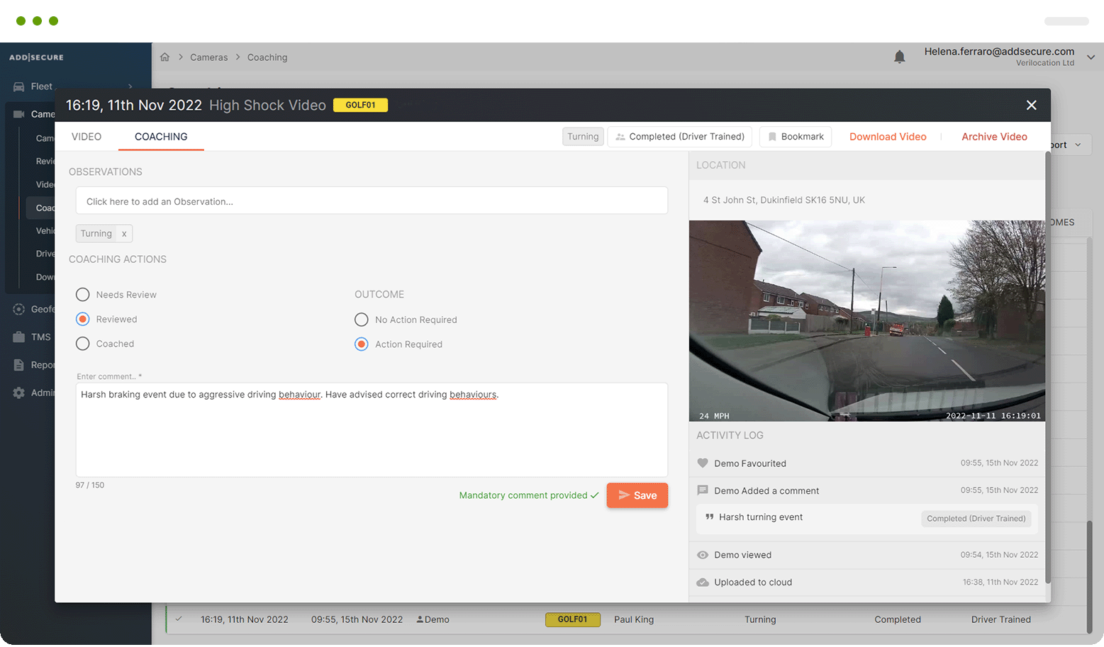 driver coaching module shown on telematics platform